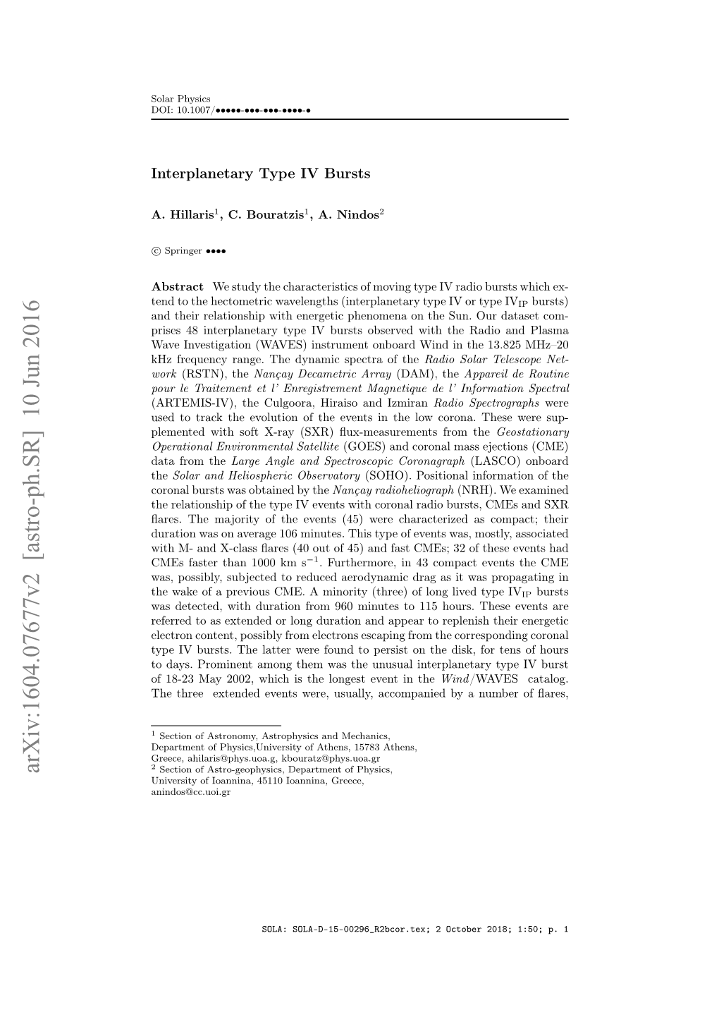 Arxiv:1604.07677V2 [Astro-Ph.SR] 10 Jun 2016 Section of Astro-Geophysics, Department of Physics, University of Ioannina, 45110 Ioannina, Greece, Anindos@Cc.Uoi.Gr