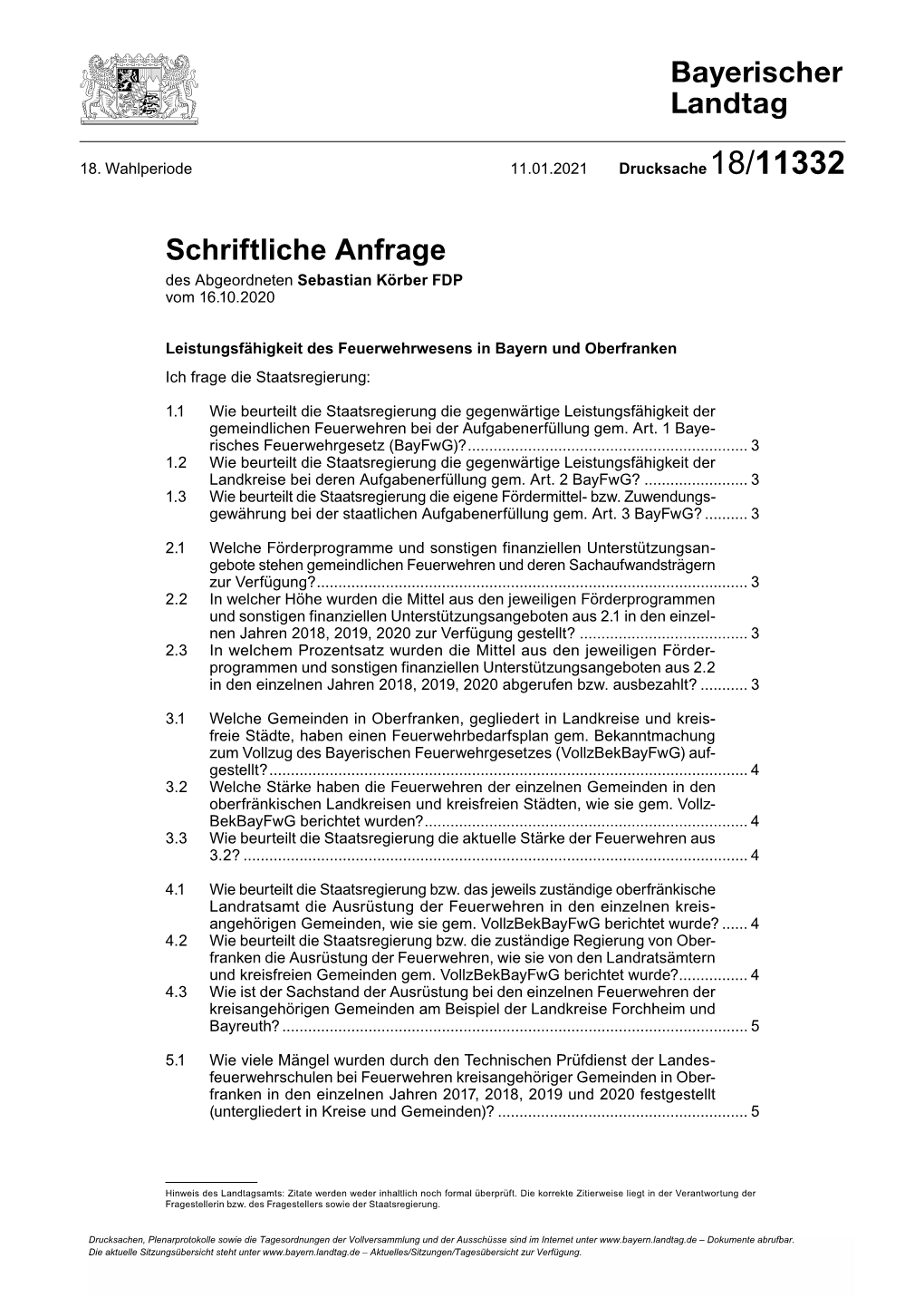 Schriftliche Anfrage Des Abgeordneten Sebastian Körber FDP Vom 16.10.2020