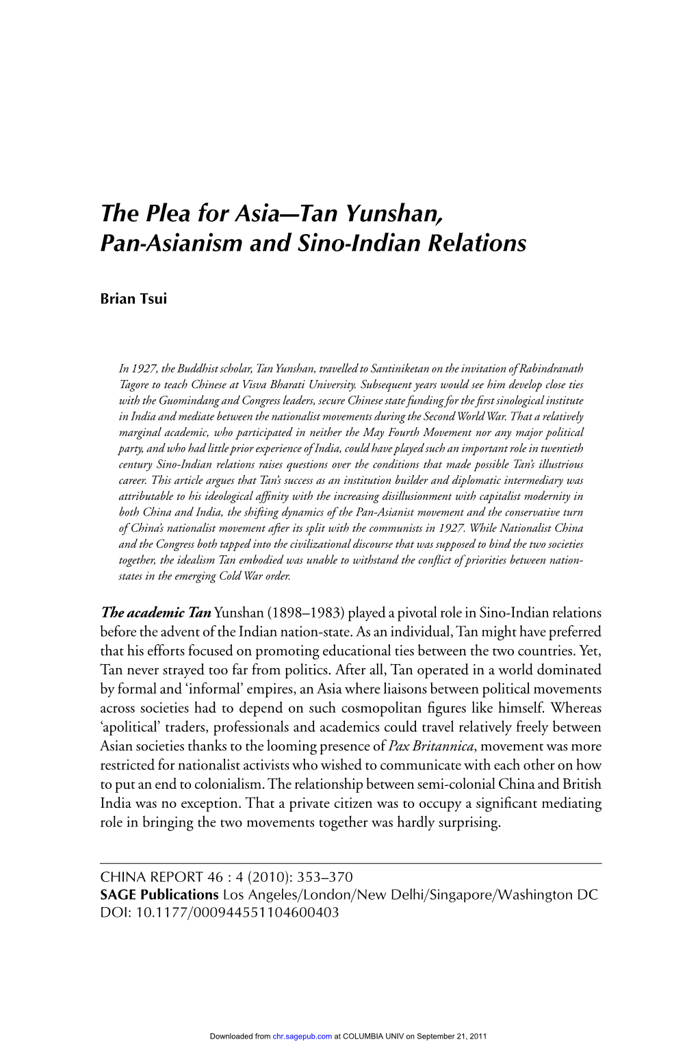 The Plea for Asia—Tan Yunshan, Pan-Asianism and Sino-Indian Relations