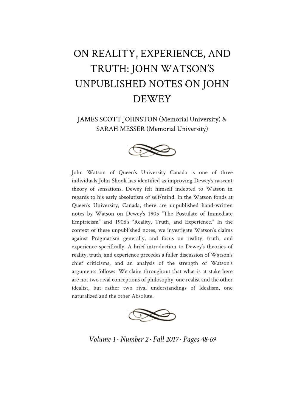 On Reality, Experience, and Truth: John Watson's