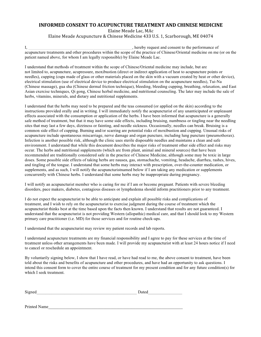 INFORMED CONSENT to ACUPUNCTURE TREATMENT and CHINESE MEDICINE Elaine Meade Lac, Mac Elaine Meade Acupuncture & Chinese Medicine 433 U.S