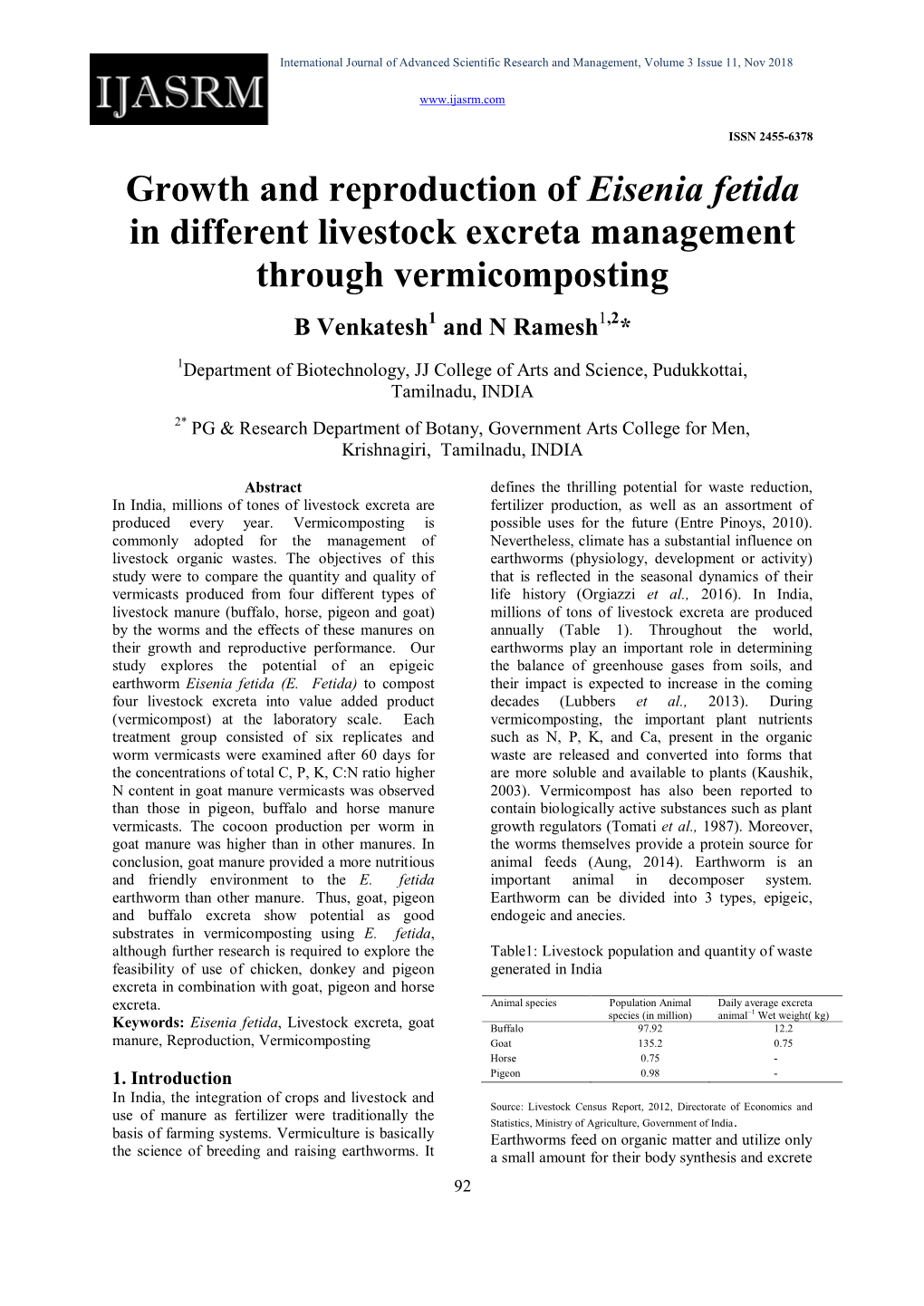 Growth and Reproduction of Eisenia Fetida in Different Livestock Excreta Management Through Vermicomposting