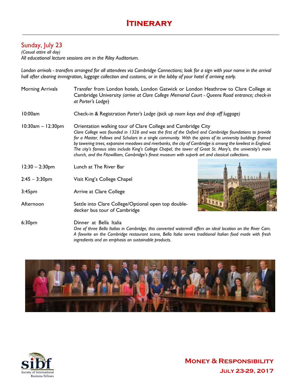 View the 2017 Cambridge Itinerary