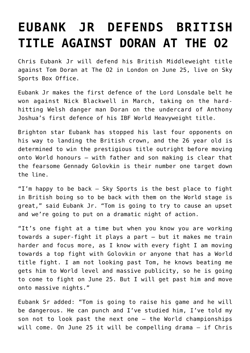Eubank Jr Defends British Title Against Doran at the O2