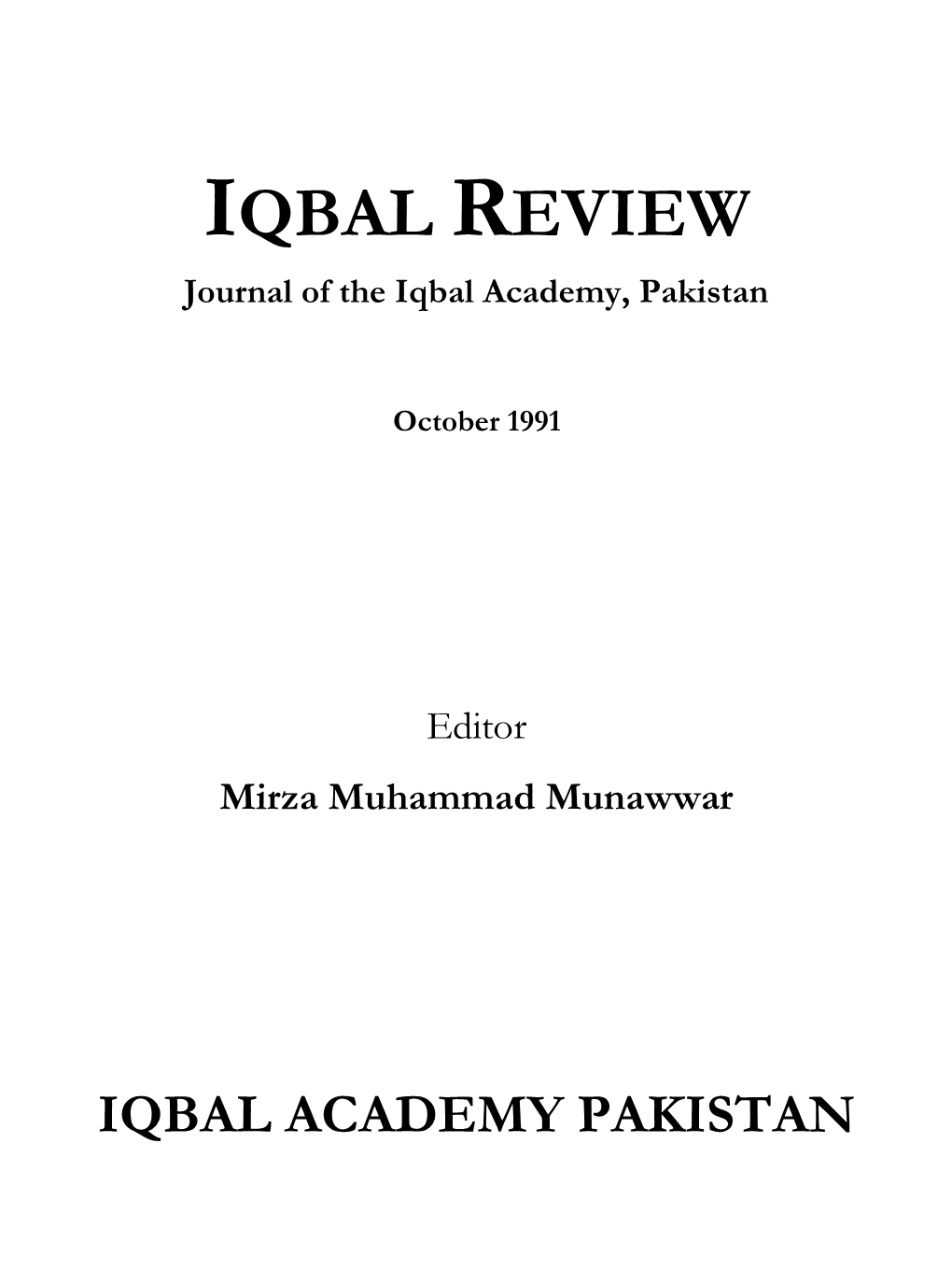 IQBAL REVIEW Journal of the Iqbal Academy, Pakistan