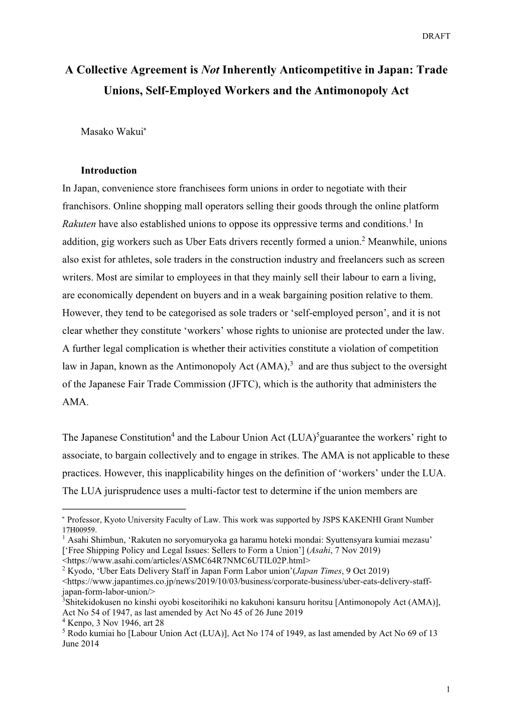 A Collective Agreement Is Not Inherently Anticompetitive in Japan: Trade Unions, Self-Employed Workers and the Antimonopoly Act