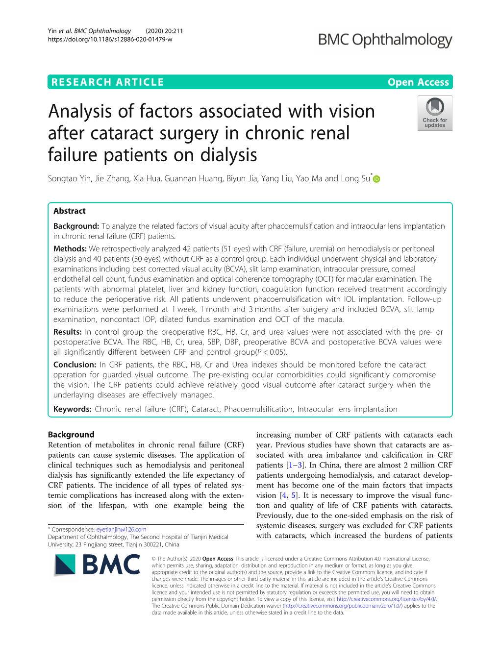 Analysis of Factors Associated with Vision After Cataract Surgery in Chronic Renal Failure Patients on Dialysis