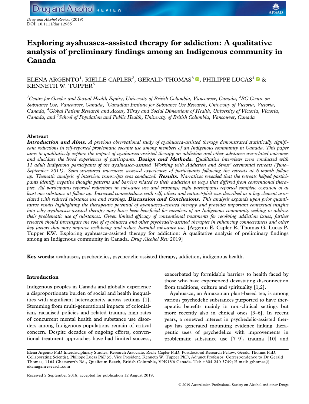 Exploring Ayahuasca‐Assisted Therapy for Addiction