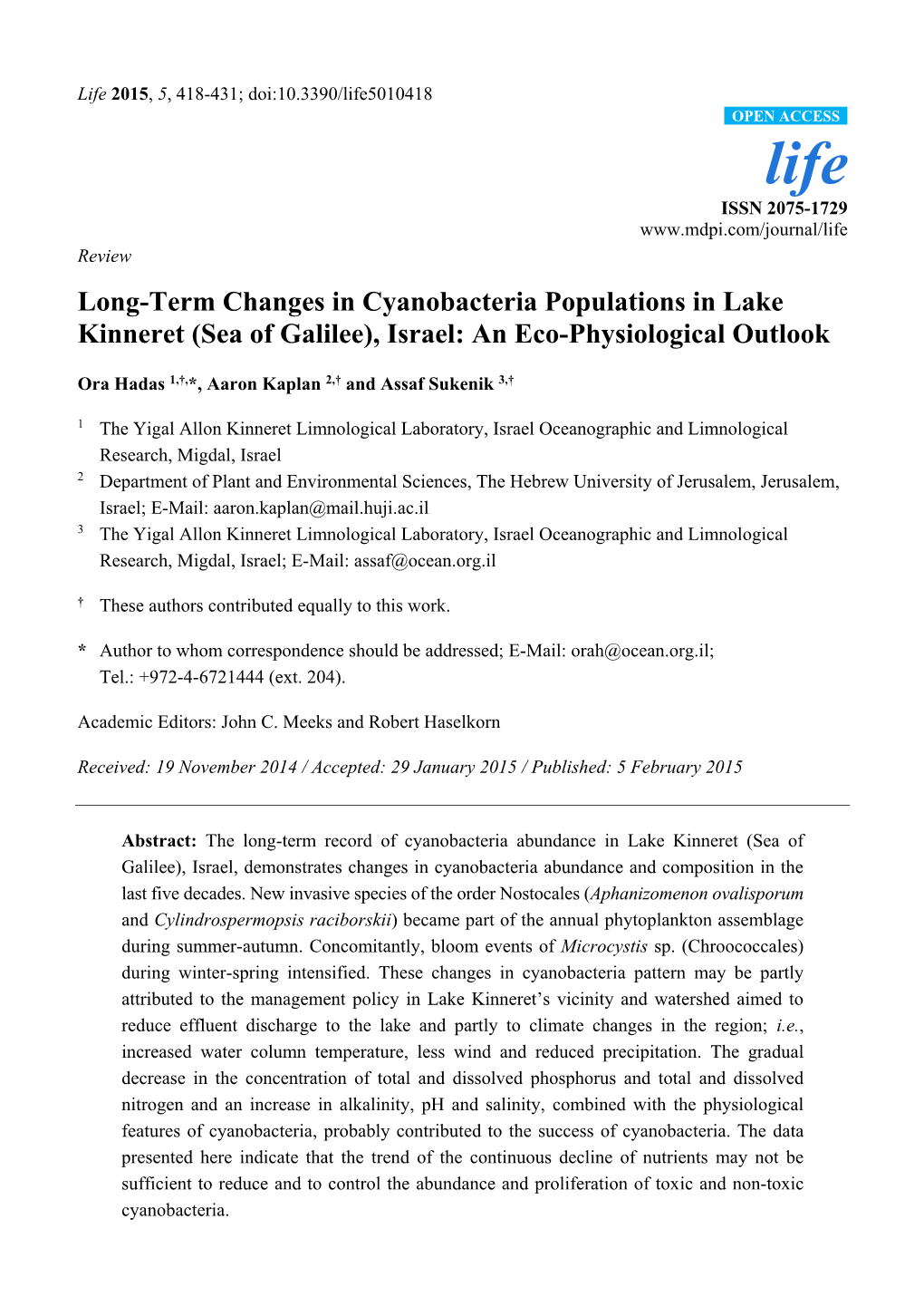 Long-Term Changes in Cyanobacteria Populations in Lake Kinneret (Sea of Galilee), Israel: an Eco-Physiological Outlook