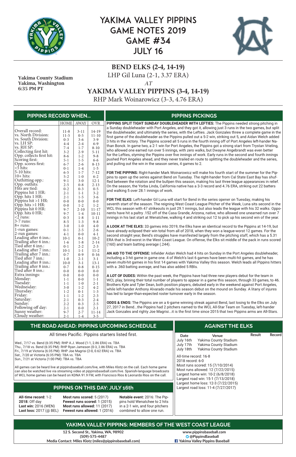 Yakima Valley Pippins Game Notes 2019 Game #34 July 16