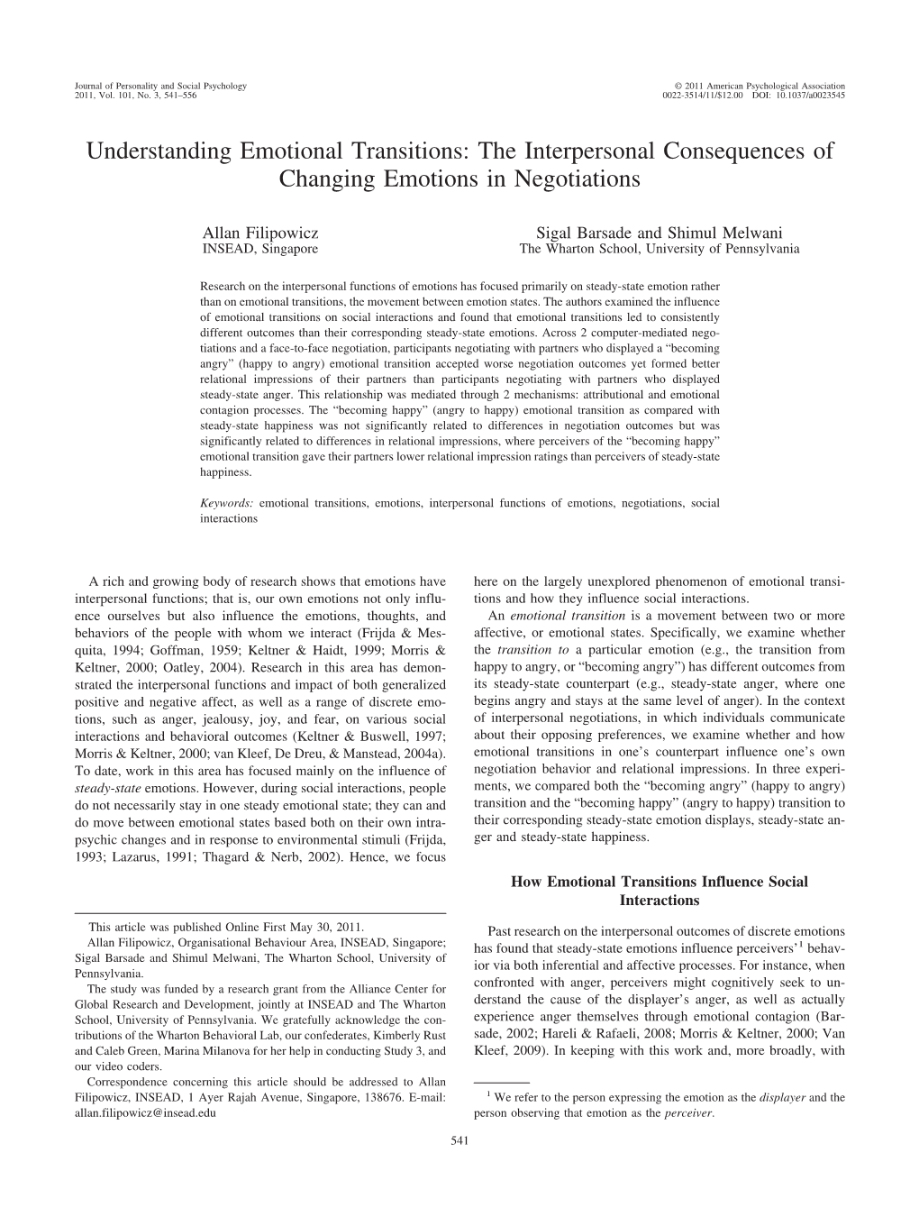 Understanding Emotional Transitions: the Interpersonal Consequences of Changing Emotions in Negotiations