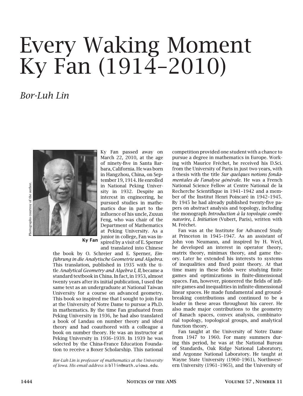 Every Waking Moment Ky Fan (1914–2010)