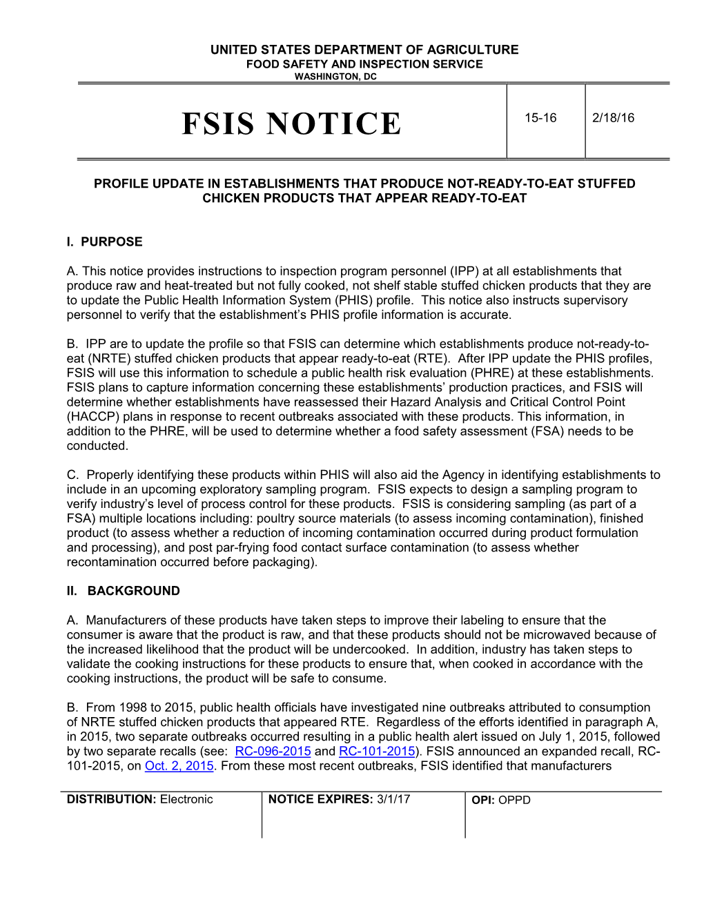 FSIS Notice 15-16 -Profile Update in Establishments That Produce Not