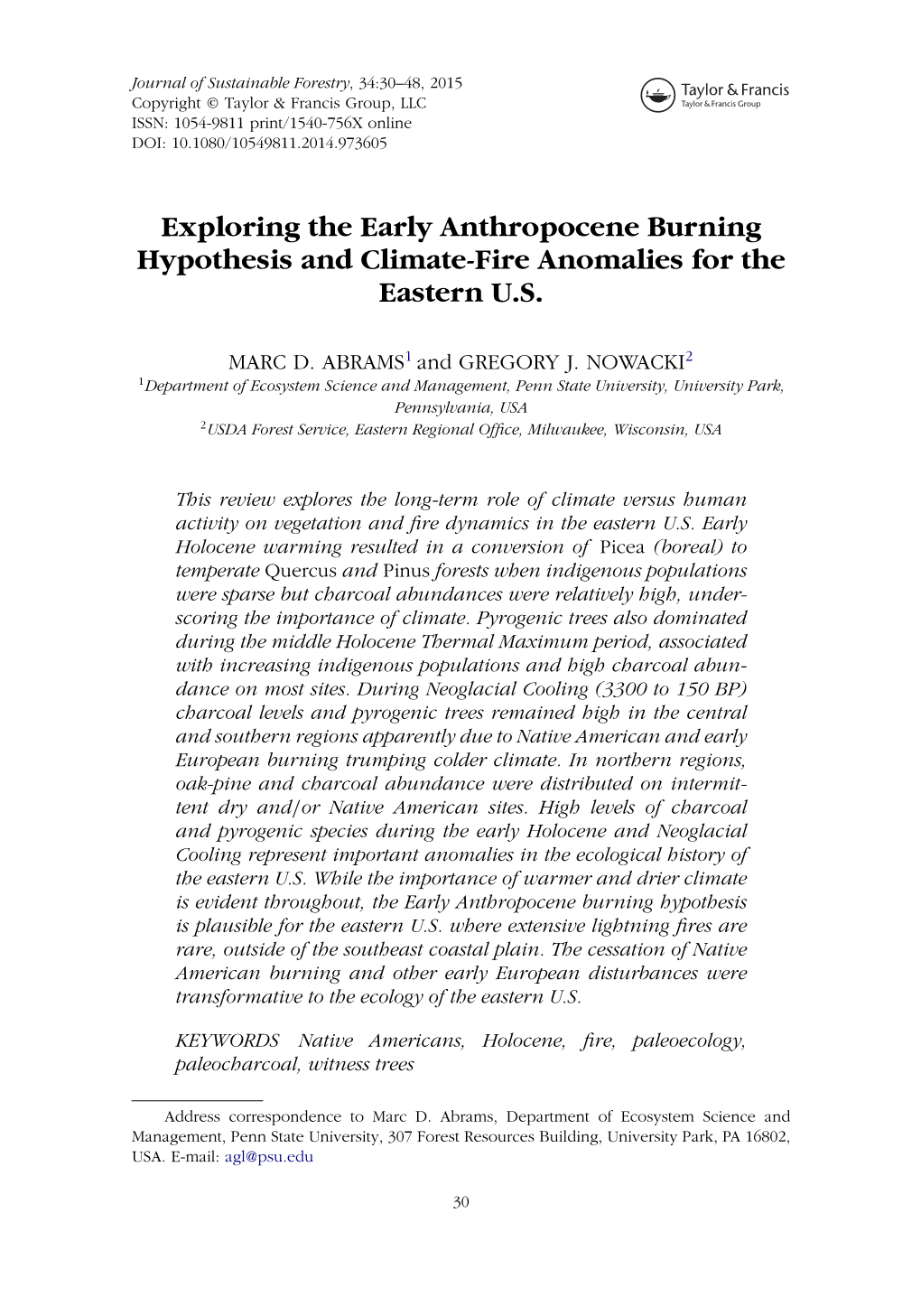 Exploring the Early Anthropocene Burning Hypothesis and Climate-Fire Anomalies for the Eastern U.S