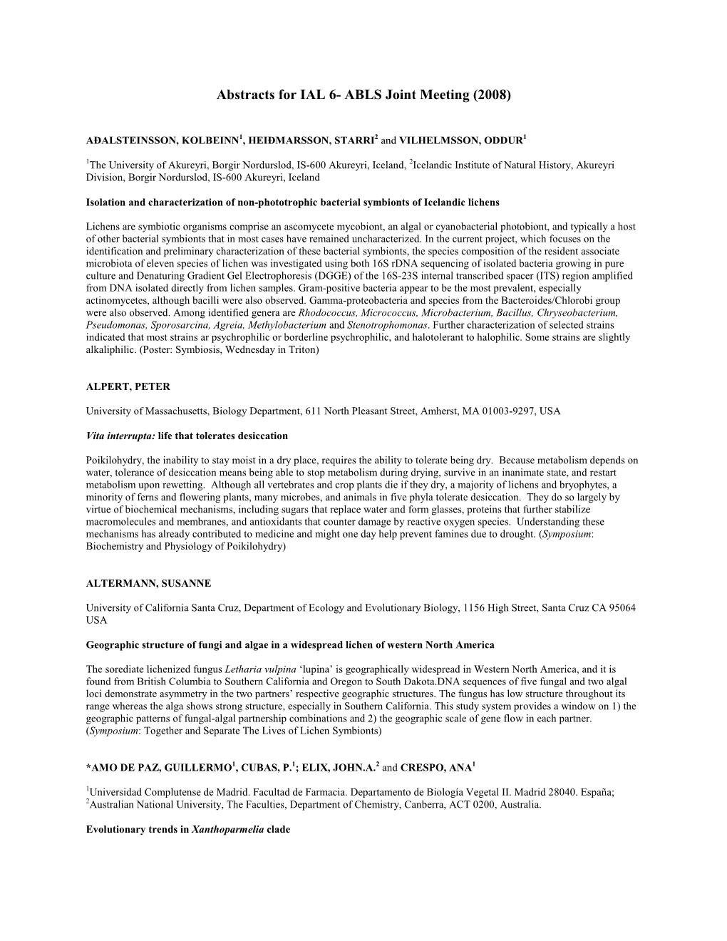 Abstracts for IAL 6- ABLS Joint Meeting (2008)