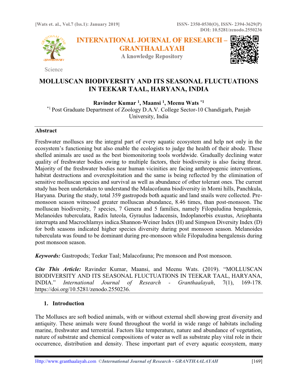 Molluscan Biodiversity and Its Seasonal Fluctuations in Teekar Taal, Haryana, India