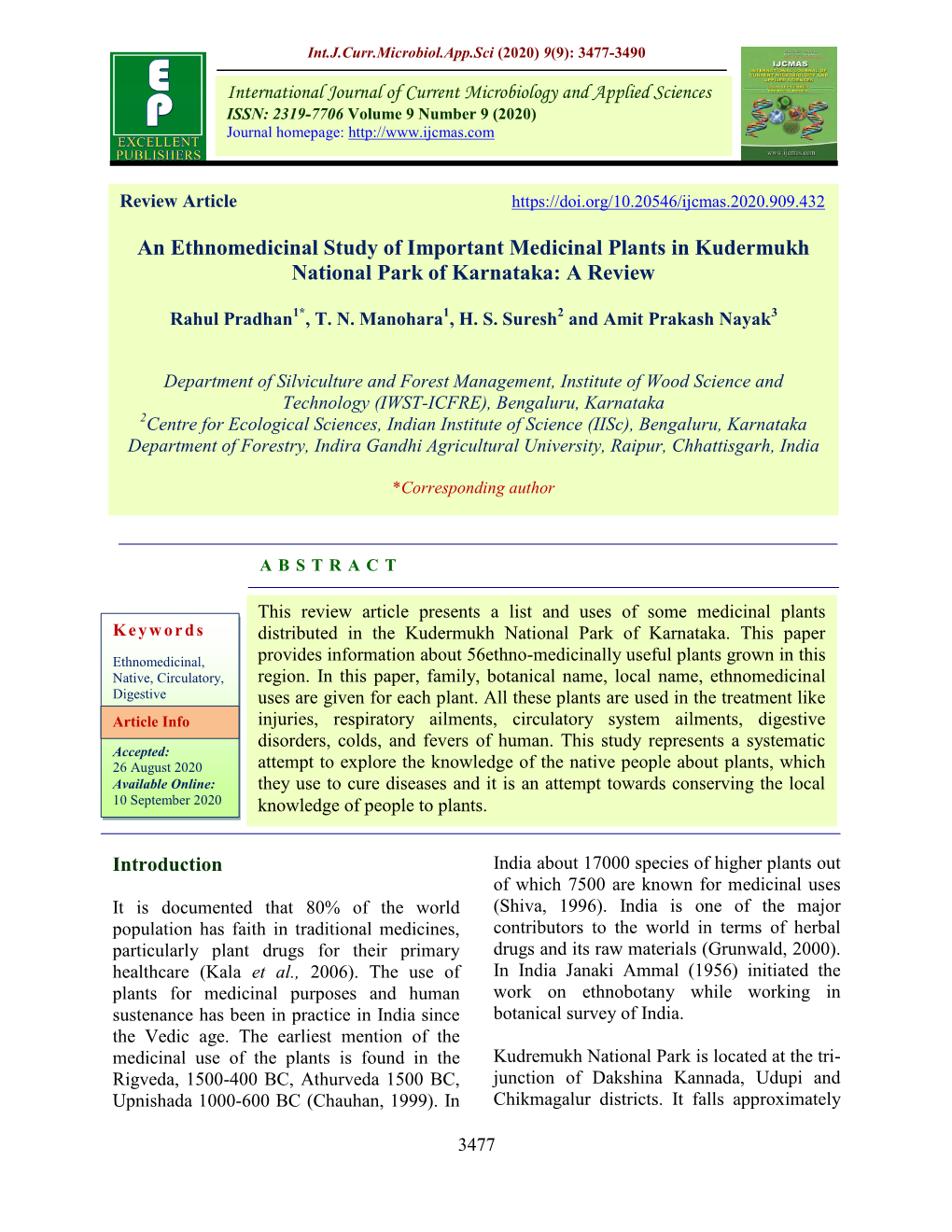 An Ethnomedicinal Study of Important Medicinal Plants in Kudermukh National Park of Karnataka: a Review