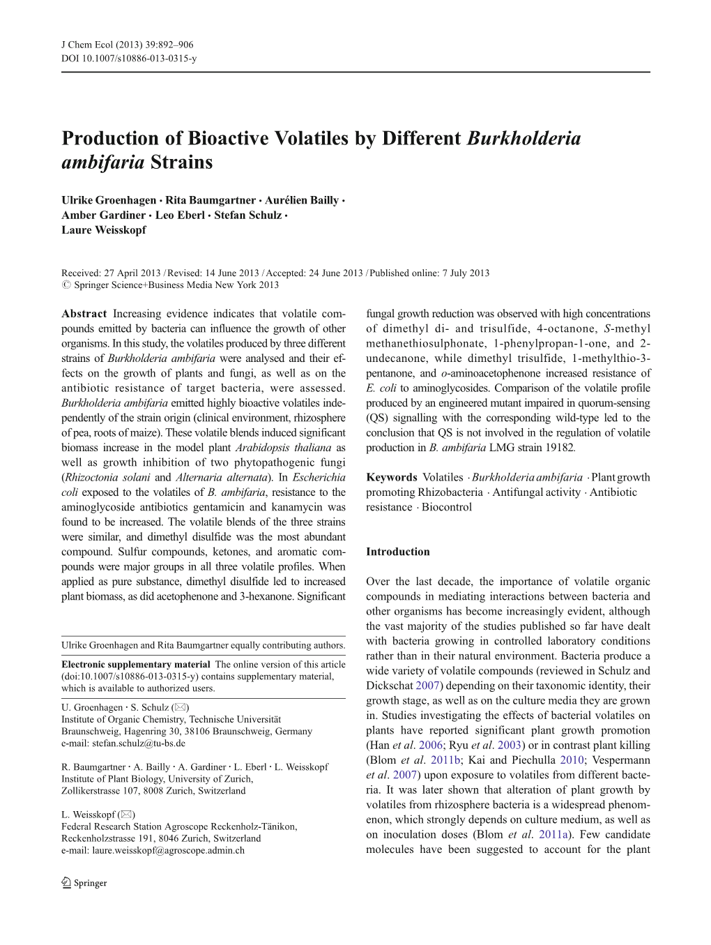 Production of Bioactive Volatiles by Different Burkholderia Ambifaria Strains