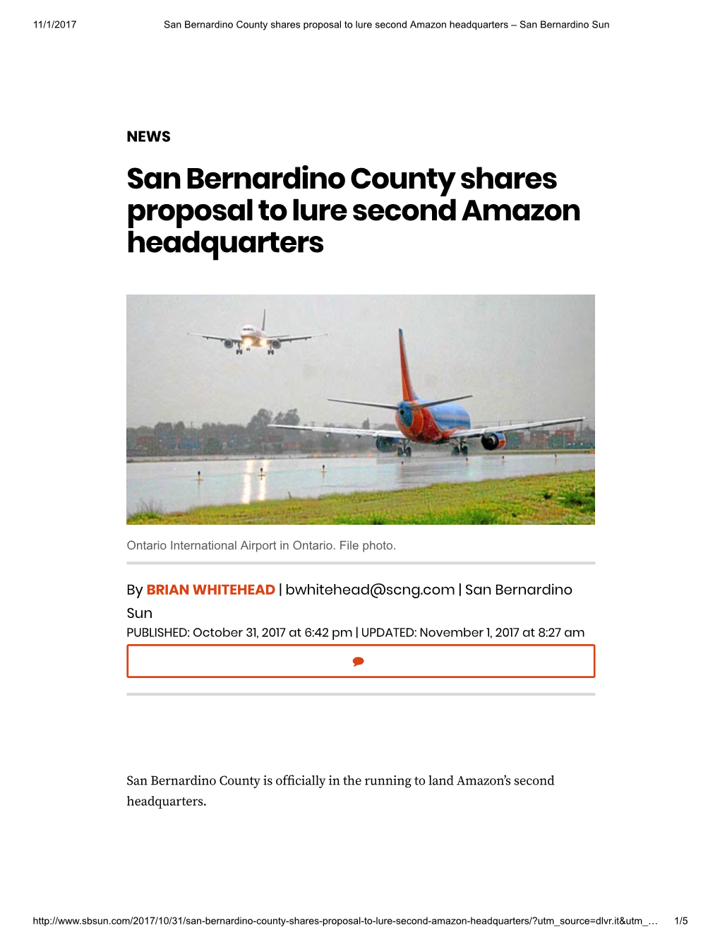 San Bernardino County Shares Proposal to Lure Second Amazon Headquarters – San Bernardino Sun