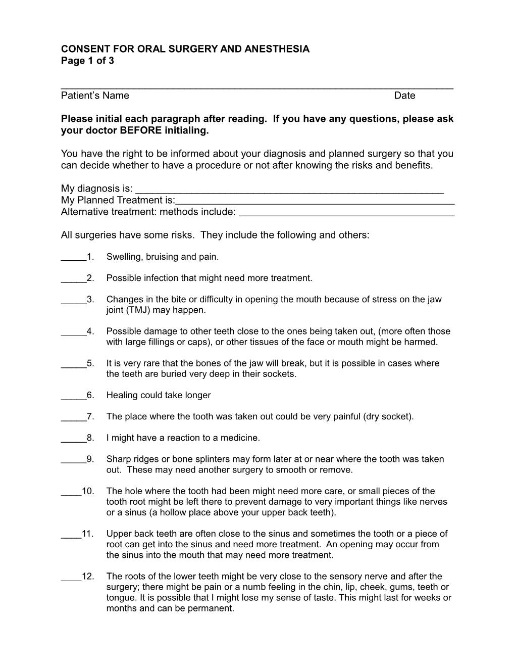 Consent for Oral and Maxillofacial Surgery and Anesthesia