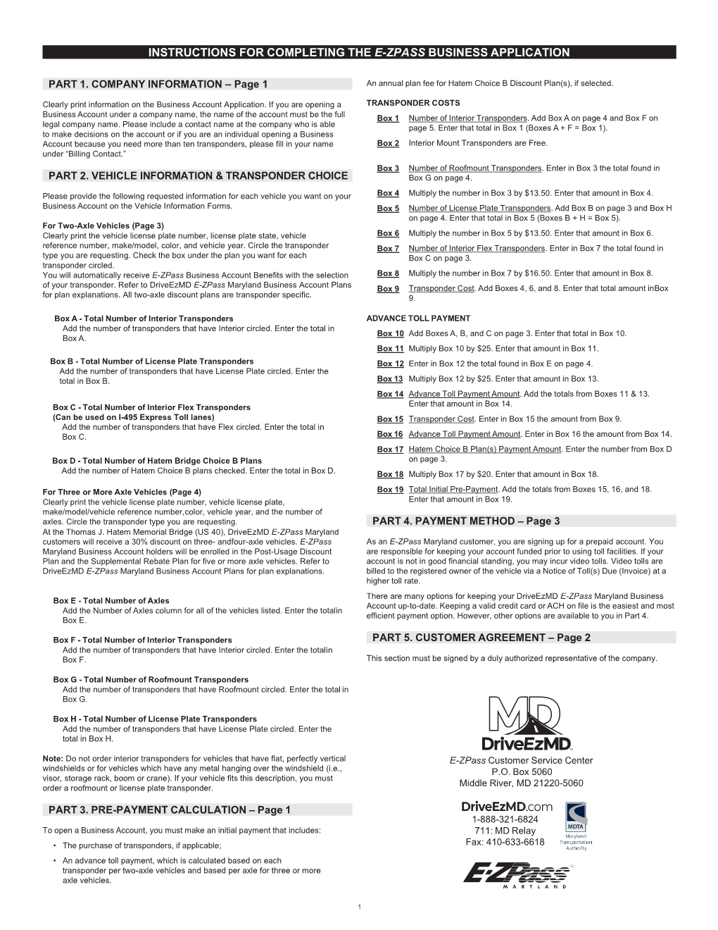 Instructions for Completing the E-Zpass Business Application