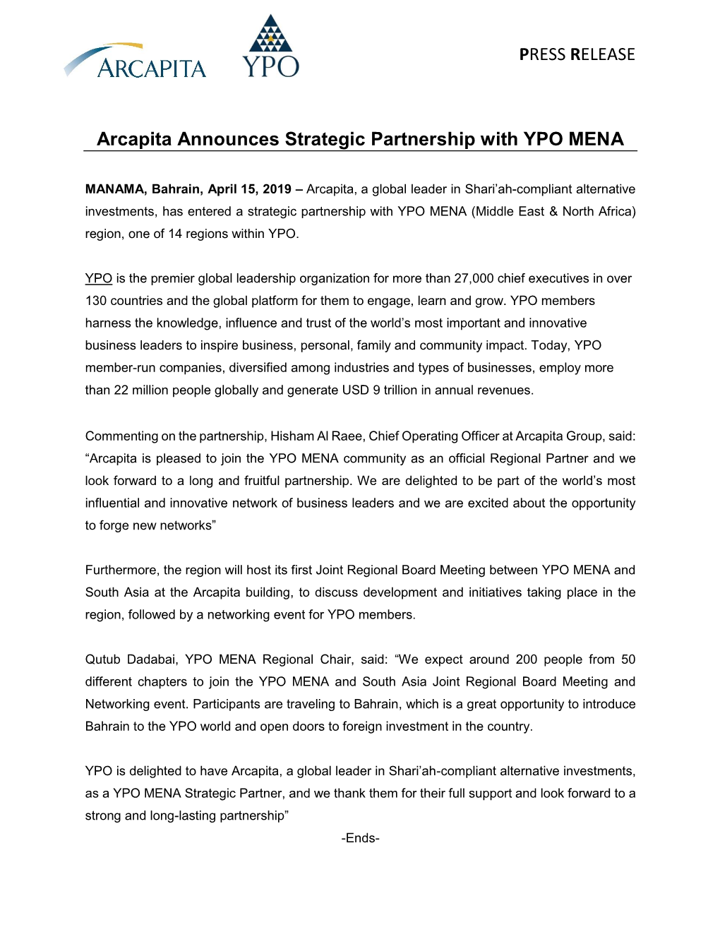 PRESS RELEASE Arcapita Announces Strategic Partnership with YPO MENA
