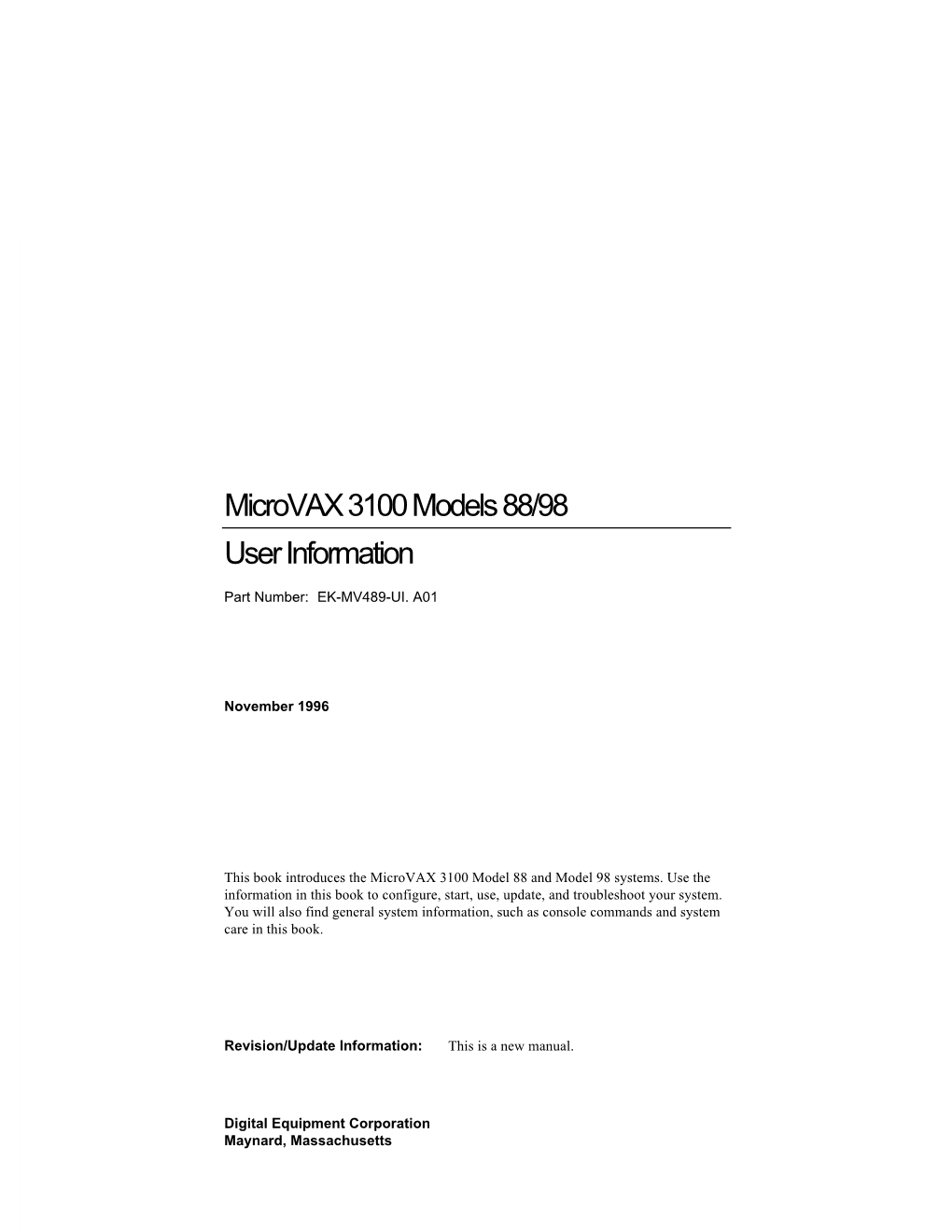 Microvax 3100 Models 88/98 User Information