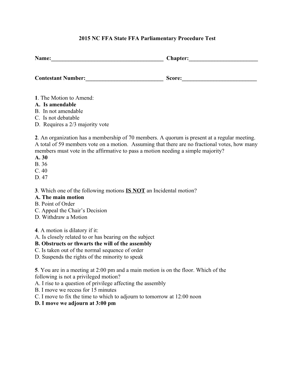 2015 NC FFA State FFA Parliamentary Procedure Test