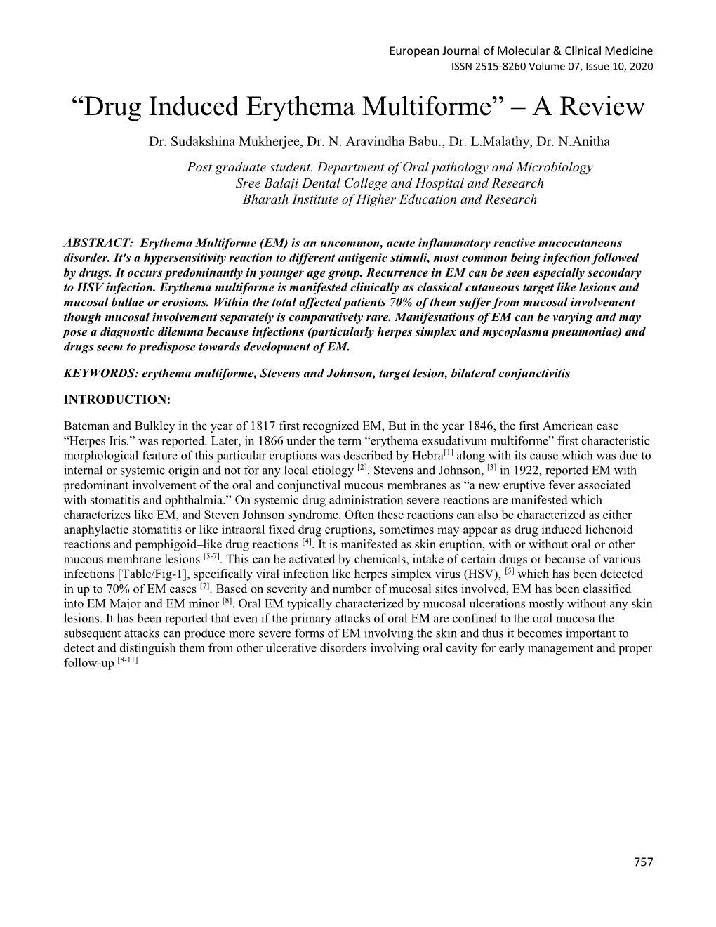 “Drug Induced Erythema Multiforme” – a Review Dr