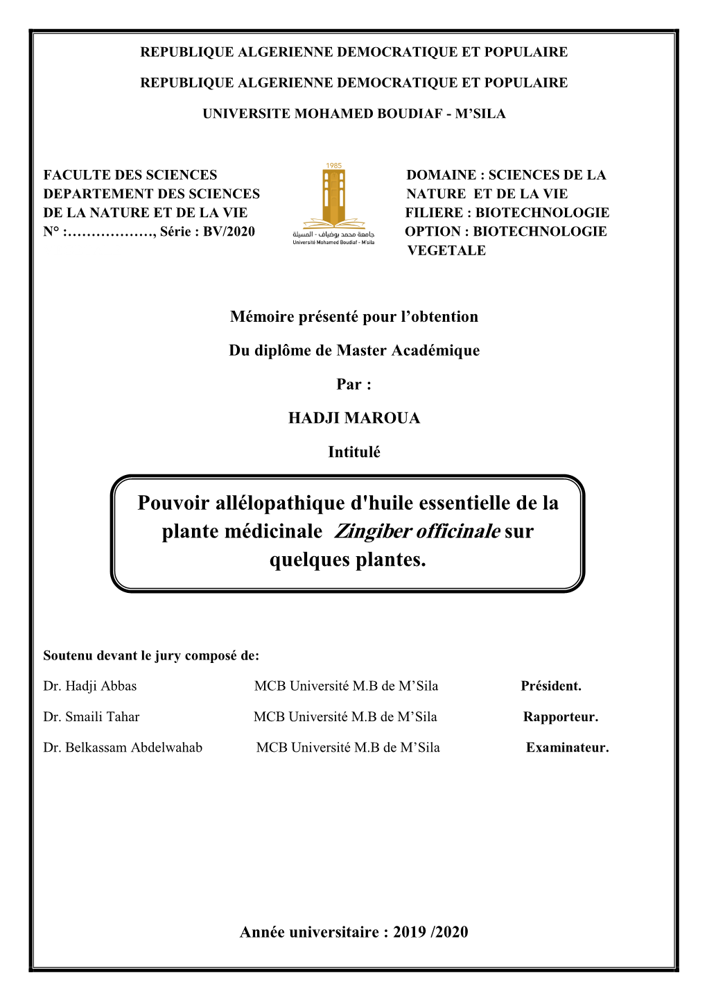 Pouvoir Allélopathique D'huile Essentielle De La Plante Médicinale