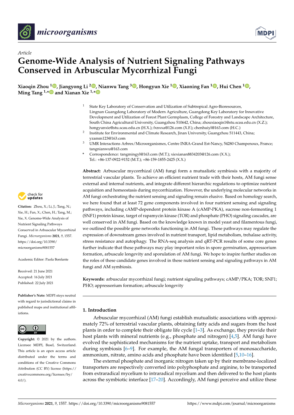 Genome-Wide Analysis of Nutrient Signaling Pathways Conserved in Arbuscular Mycorrhizal Fungi