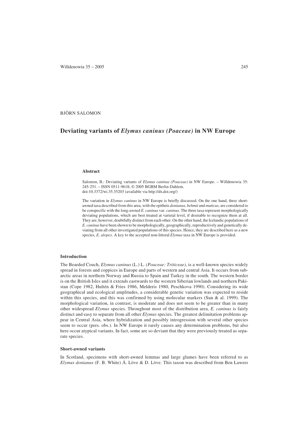 Deviating Variants of Elymus Caninus (Poaceae) in NW Europe