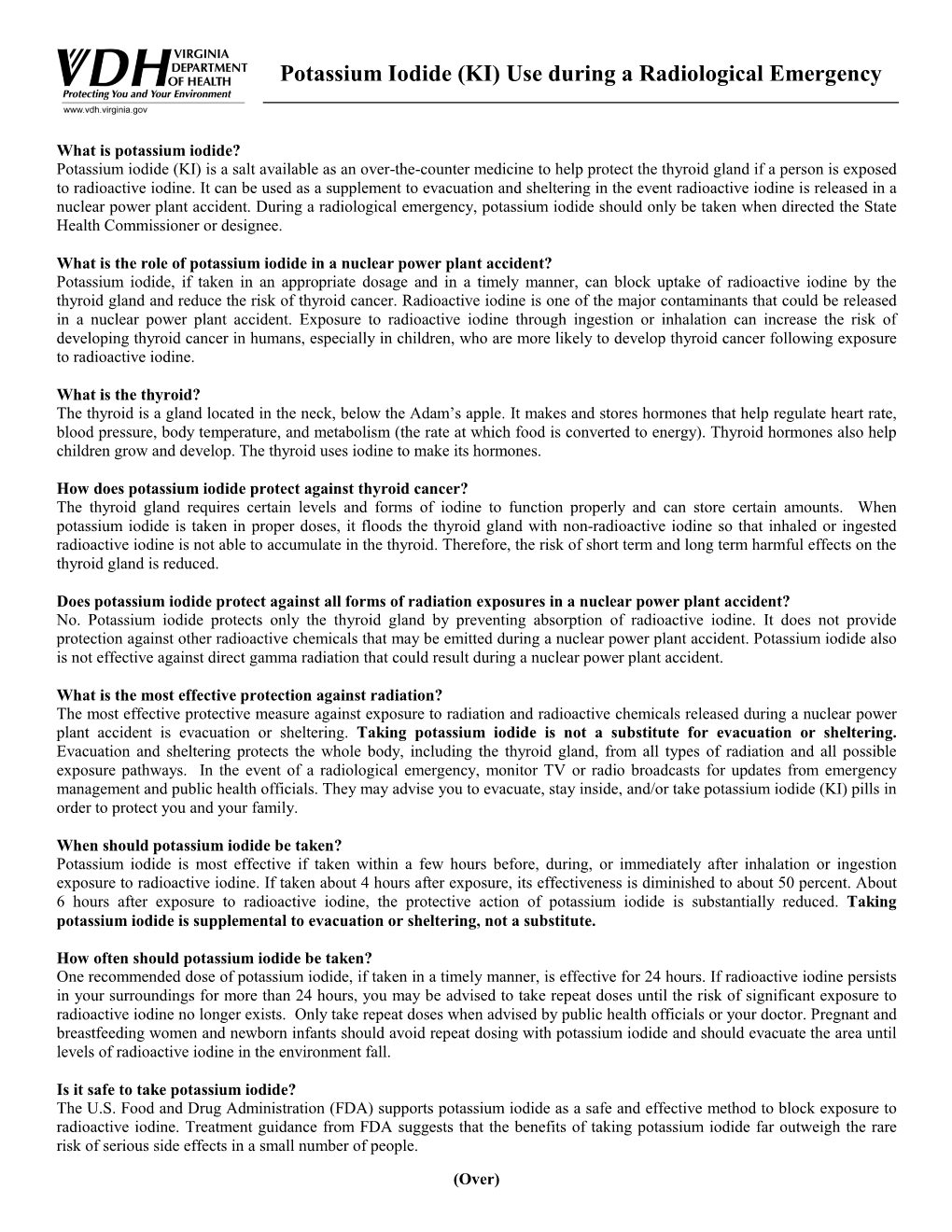 Potassium Iodide (KI) Use During a Radiological Emergency