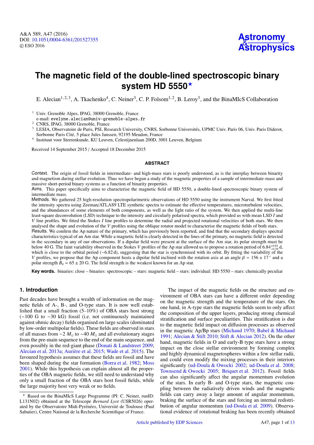 The Magnetic Field of the Double-Lined Spectroscopic Binary System HD 5550