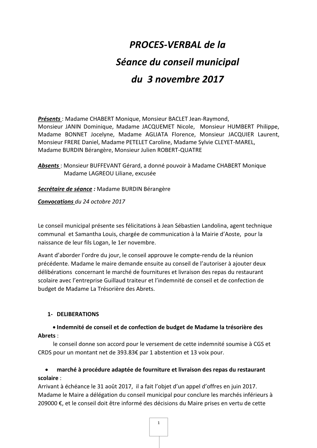 PROCES-VERBAL De La Séance Du Conseil Municipal Du 3 Novembre 2017