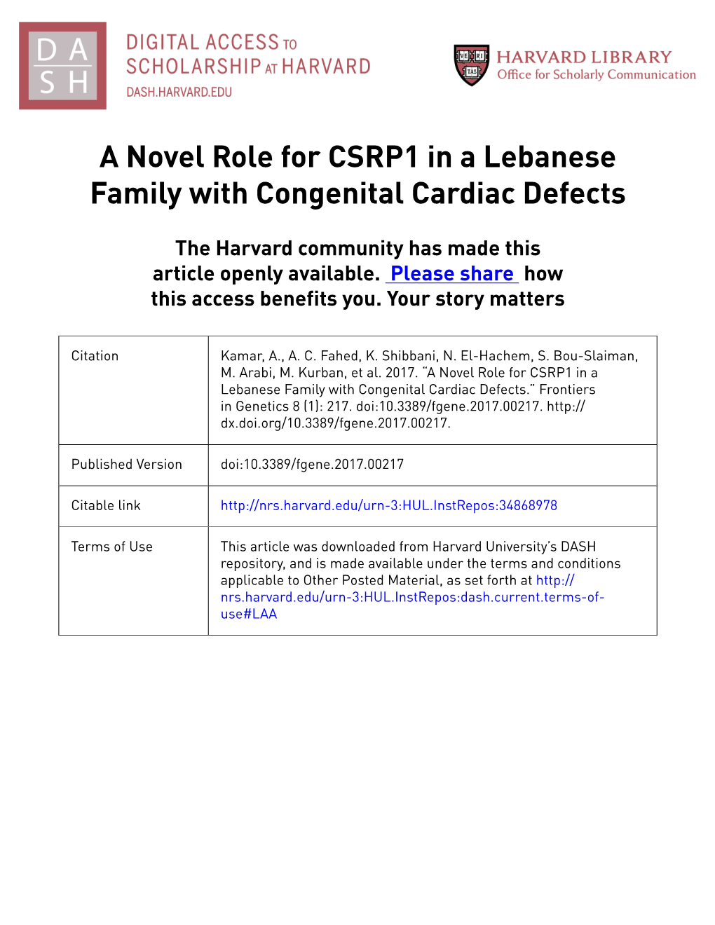 A Novel Role for CSRP1 in a Lebanese Family with Congenital Cardiac Defects