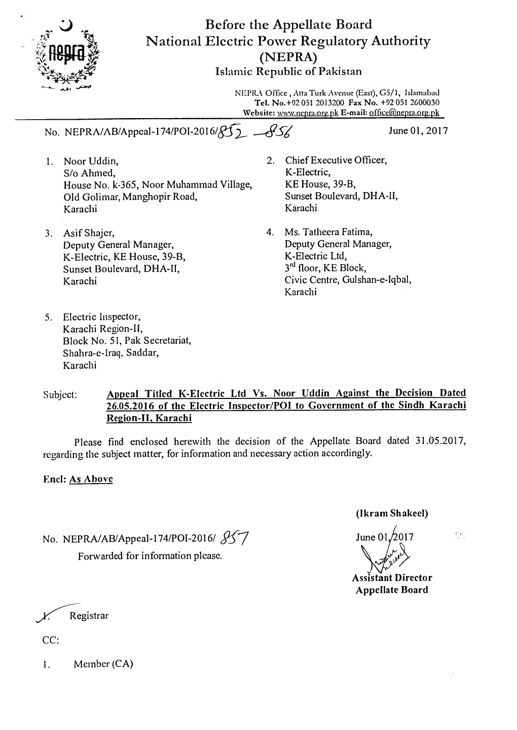 Before the Appellate Board National Electric Power Regulatory Authority (NEPRA) Aty, 4.41T Islamic Republic of Pakistan