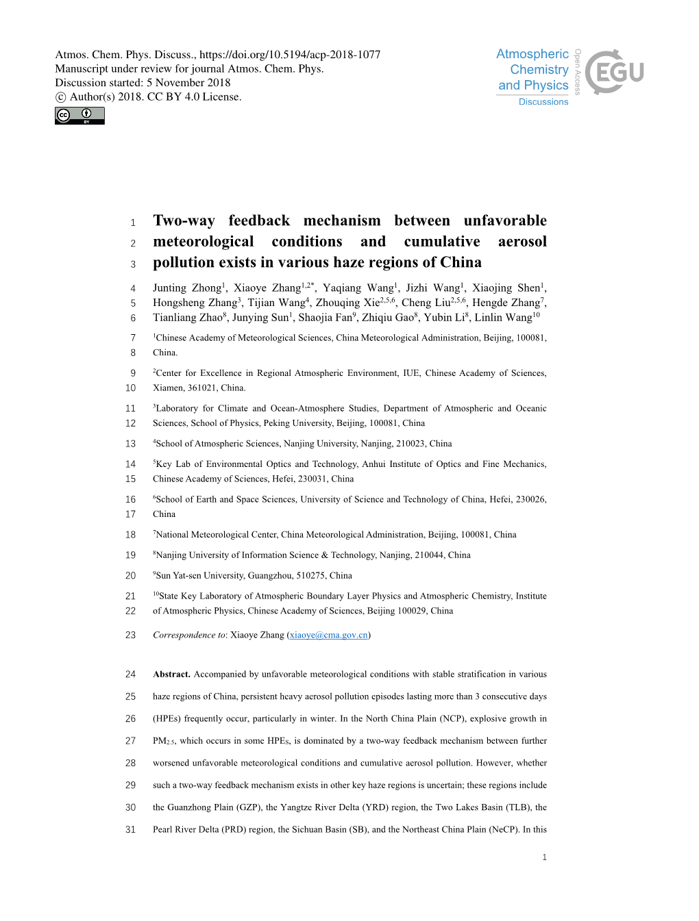 Two-Way Feedback Mechanism Between Unfavorable 2 Meteorological Conditions and Cumulative Aerosol 3 Pollution Exists in Various Haze Regions of China