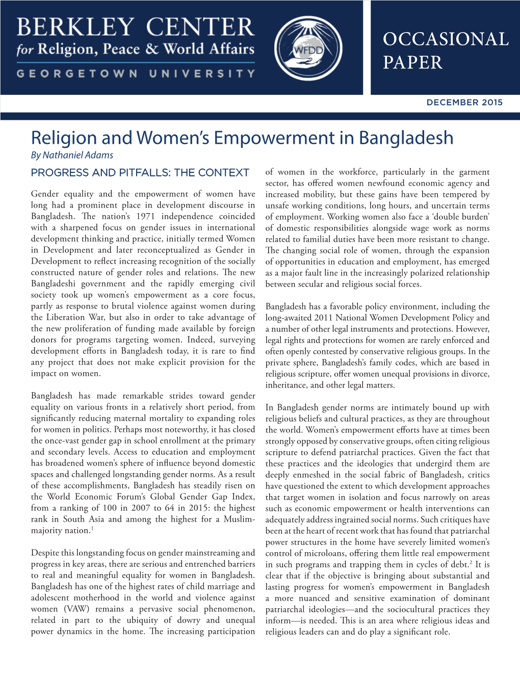 Religion and Women's Empowerment in Bangladesh OCCASIONAL PAPER