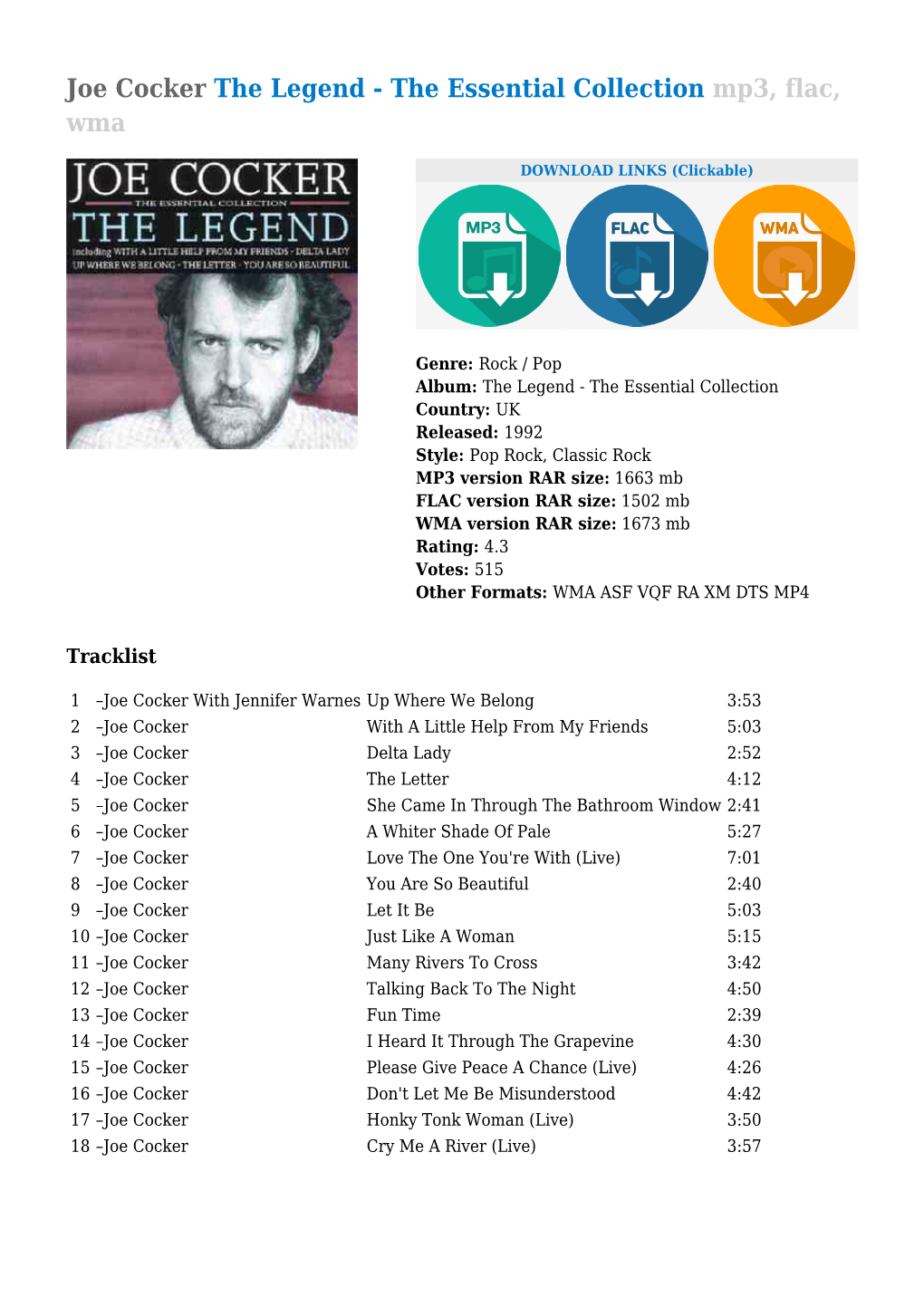 Joe Cocker the Legend - the Essential Collection Mp3, Flac, Wma