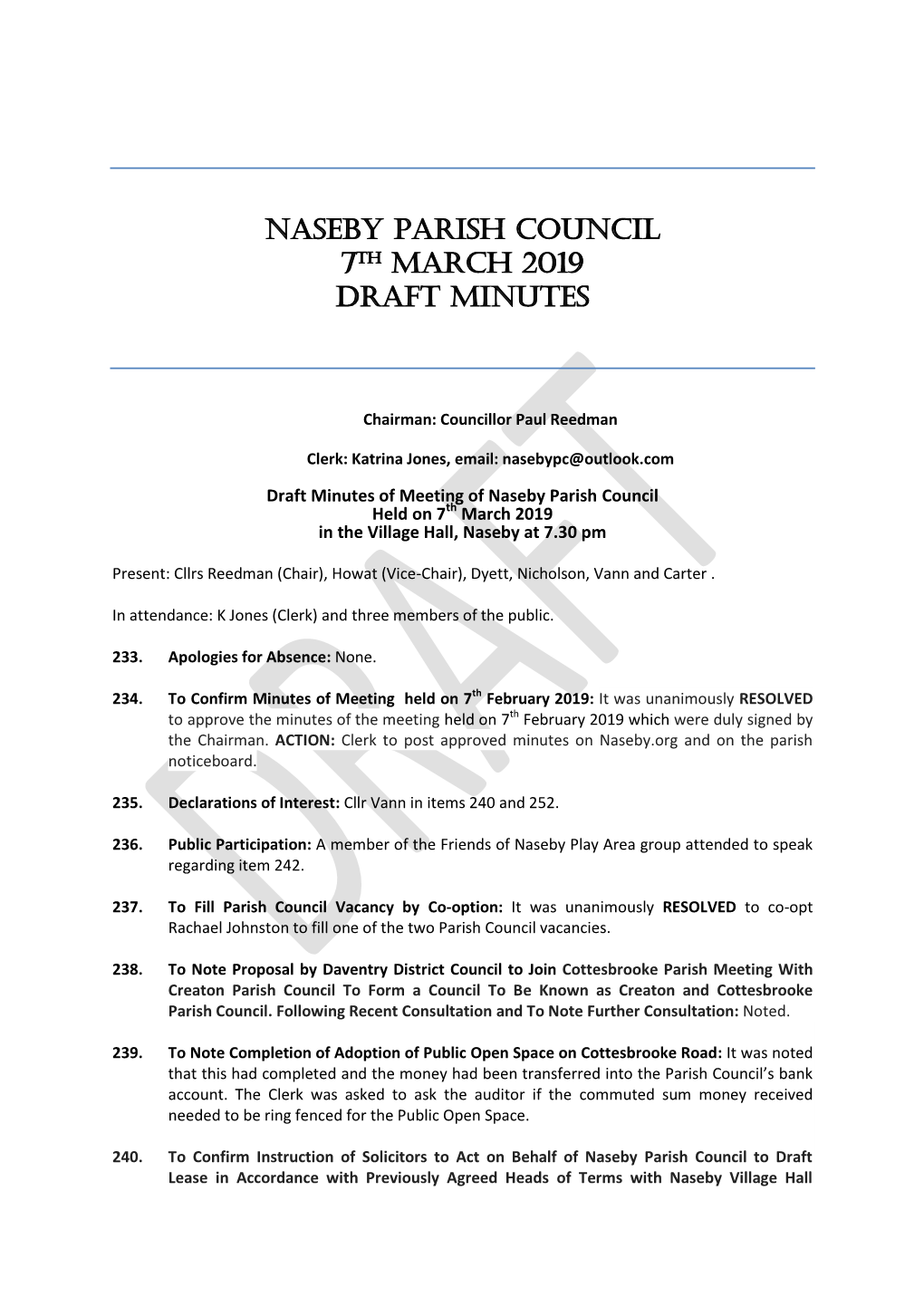 NASEBY Parish Council 7TH MARCH 2019 DRAFT Minutes