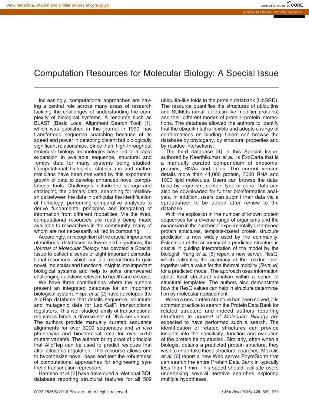 Computation Resources for Molecular Biology: a Special Issue