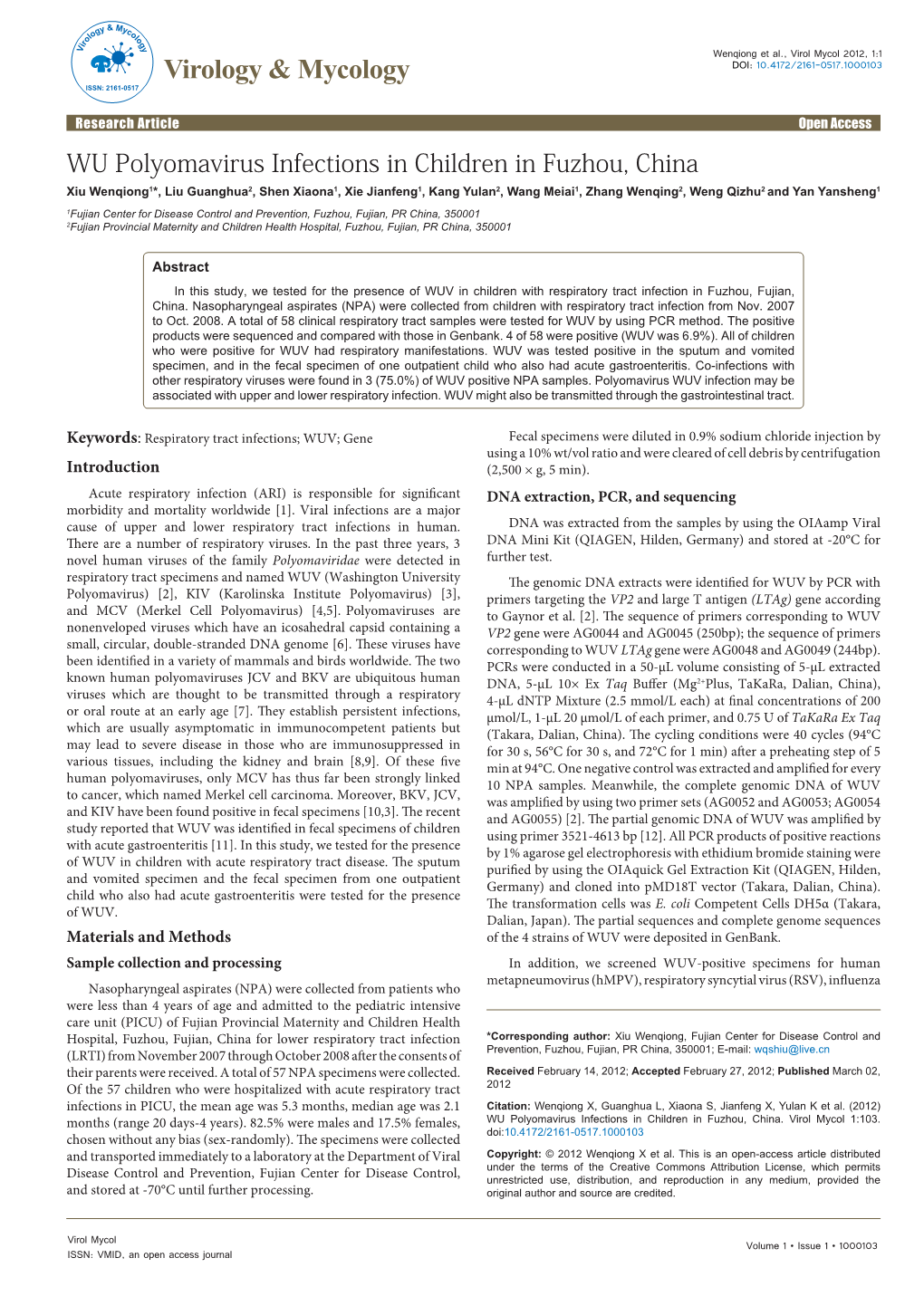 WU Polyomavirus Infections in Children in Fuzhou, China