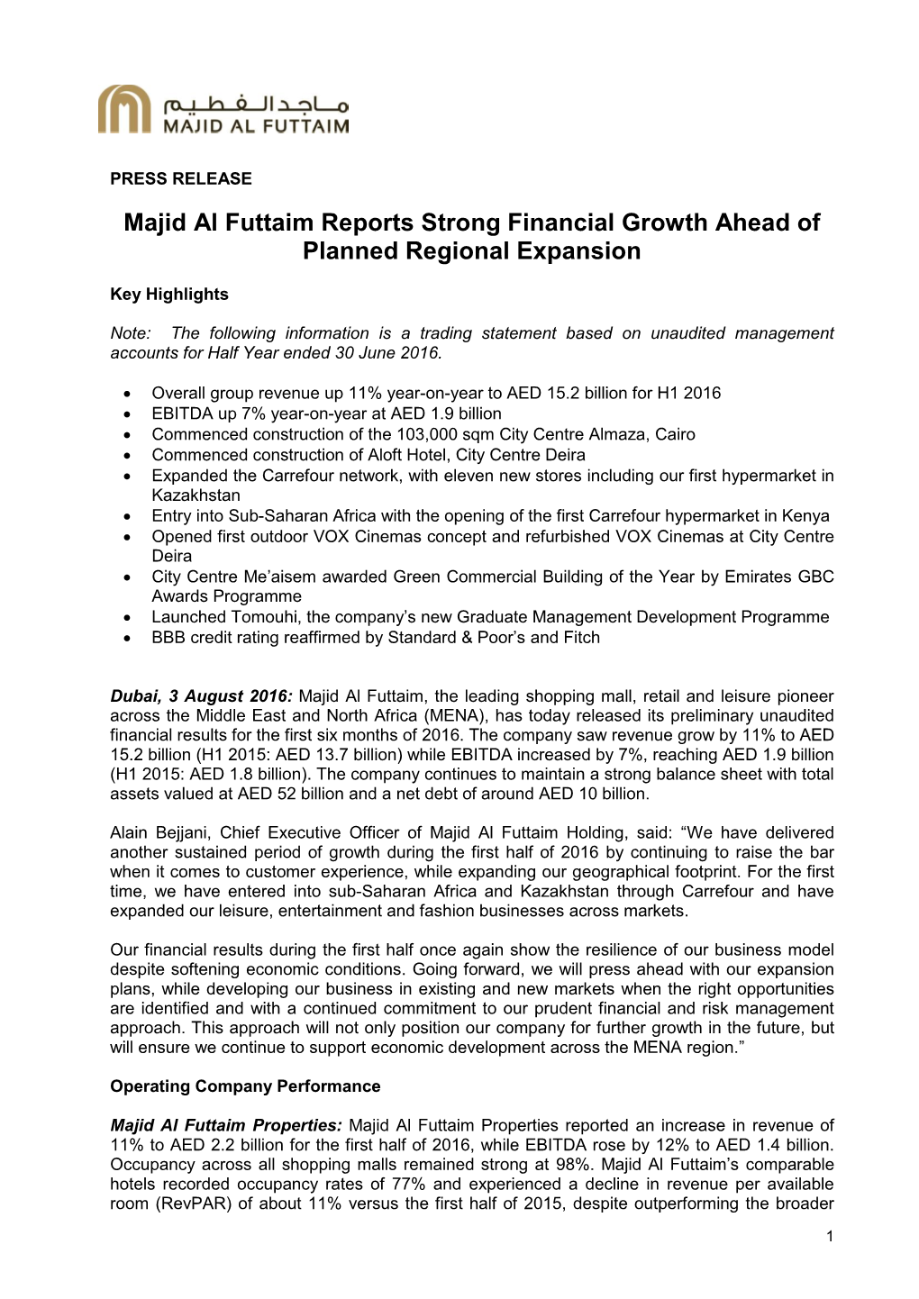 Majid Al Futtaim Reports Strong Financial Growth Ahead of Planned Regional Expansion
