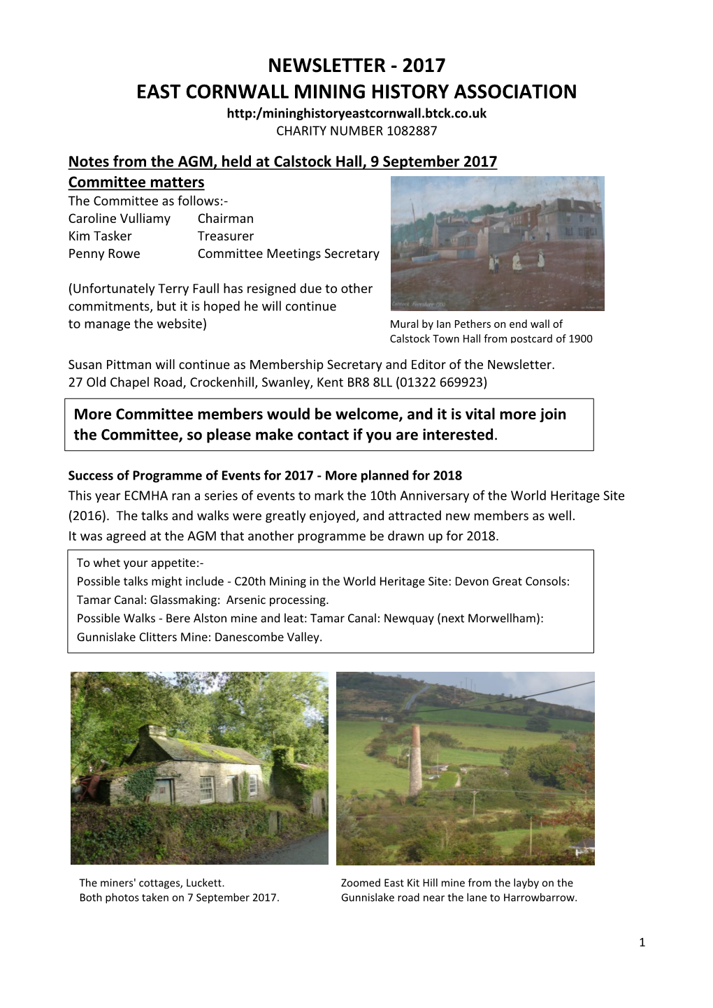 NEWSLETTER - 2017 EAST CORNWALL MINING HISTORY ASSOCIATION Http:/Mininghistoryeastcornwall.Btck.Co.Uk CHARITY NUMBER 1082887