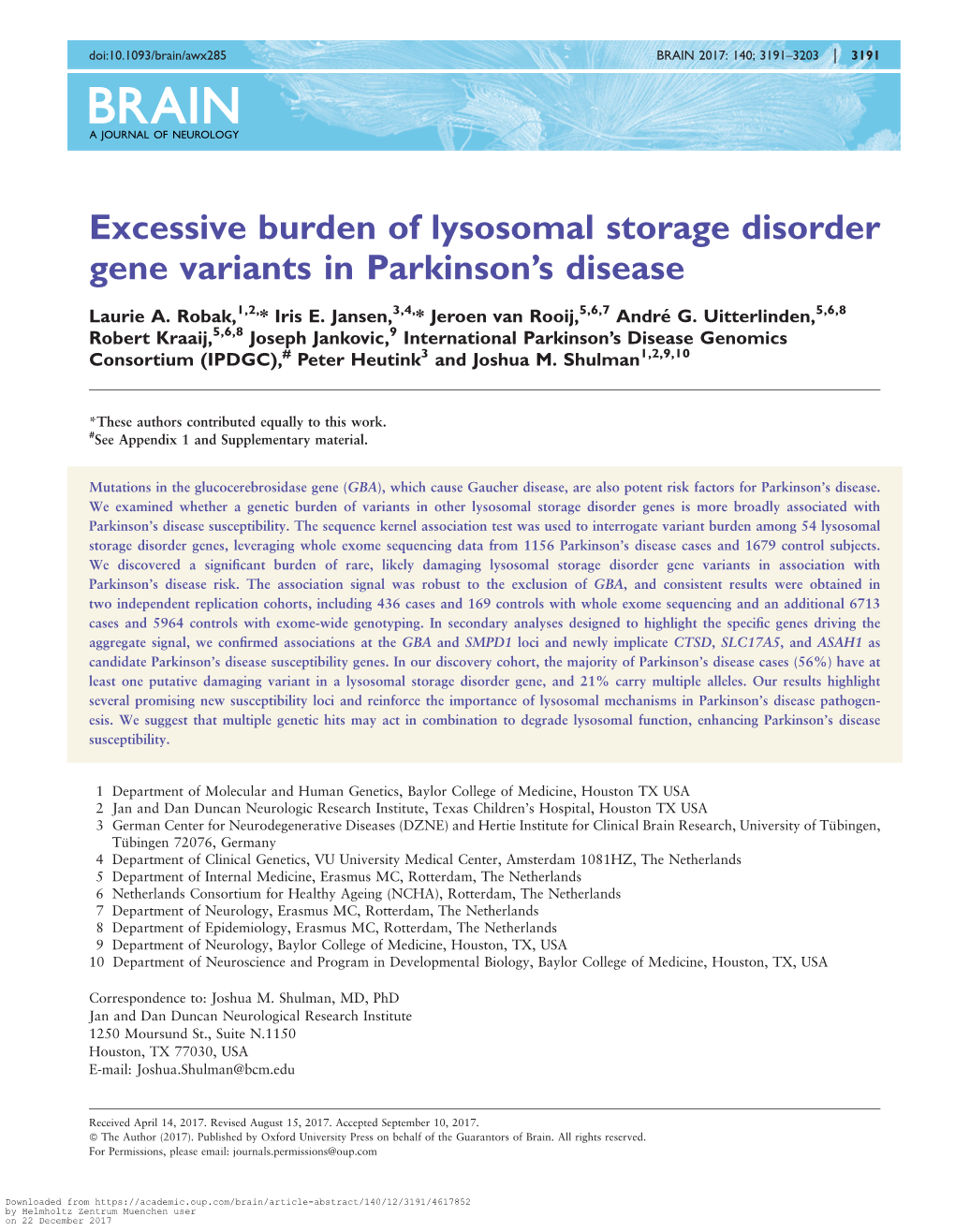 Excessive Burden of Lysosomal Storage Disorder Gene Variants in Parkinson’S Disease