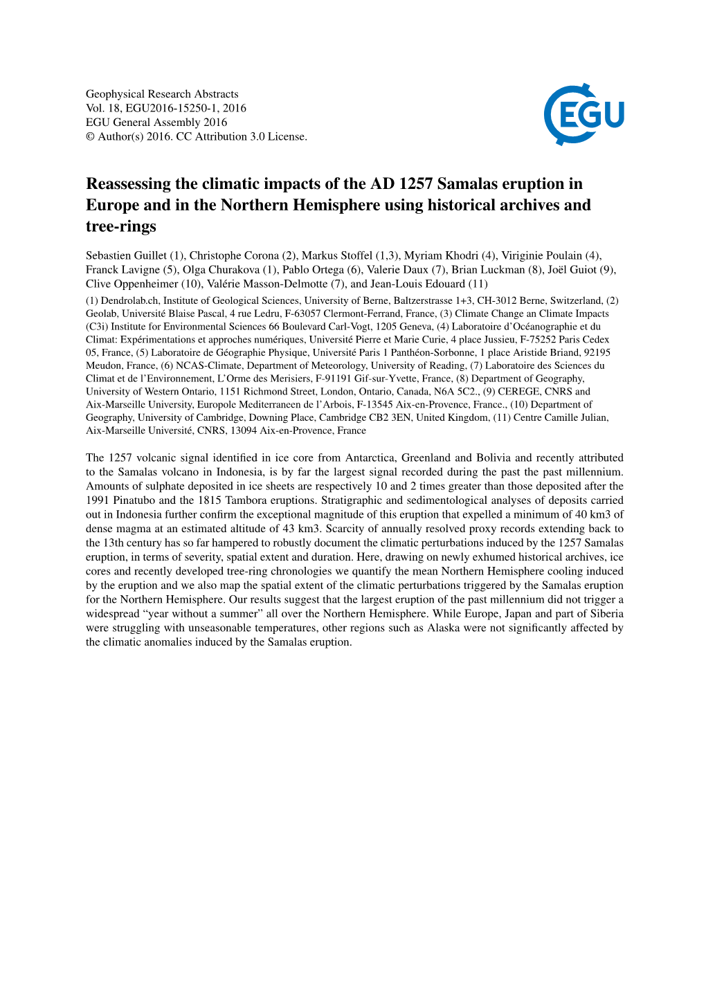 Reassessing the Climatic Impacts of the AD 1257 Samalas Eruption in Europe and in the Northern Hemisphere Using Historical Archives and Tree-Rings