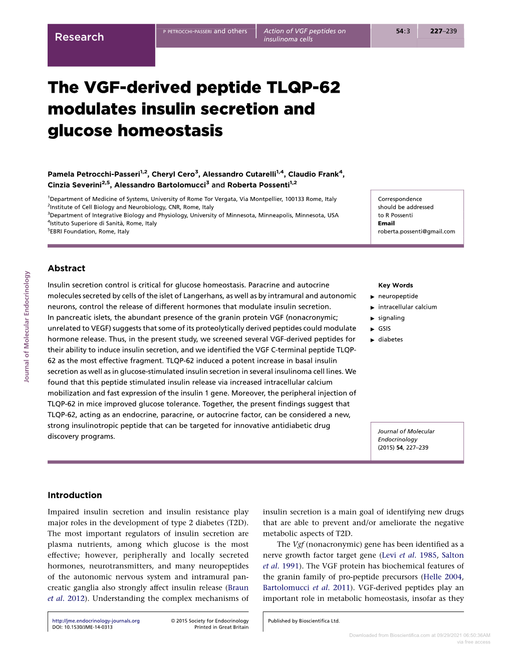 The VGF-Derived Peptide TLQP-62 Modulates Insulin Secretion and Glucose Homeostasis