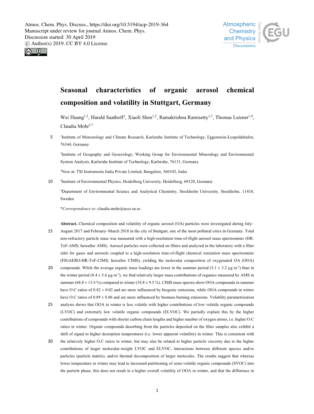 Seasonal Characteristics of Organic Aerosol Chemical Composition and Volatility in Stuttgart, Germany