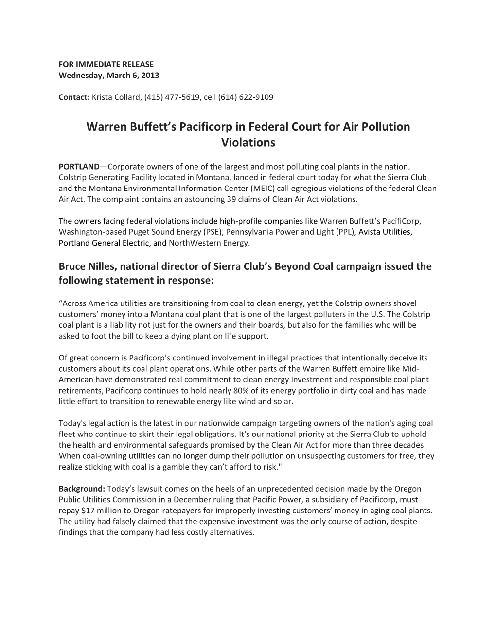 Warren Buffett's Pacificorp in Federal Court for Air Pollution Violations